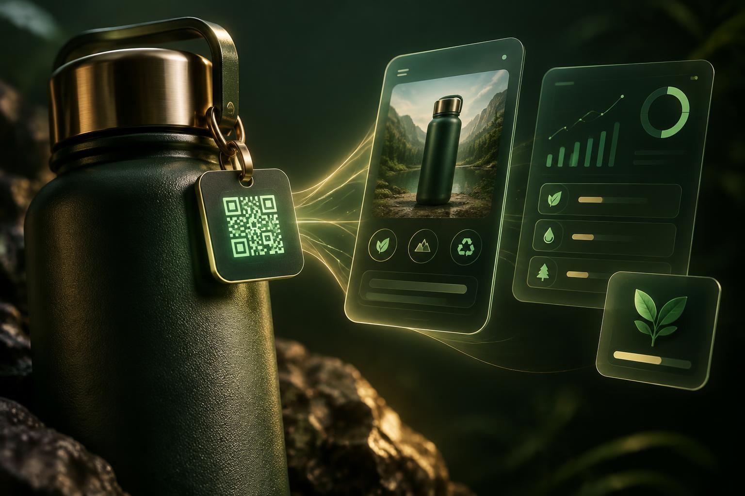 A tagged bottle with its app screens floating alongside it